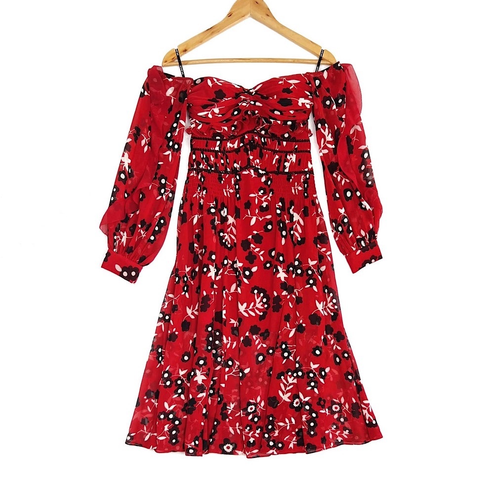 Self-Portrait Floral Print Off the Shoulder Dress in Red Size 2